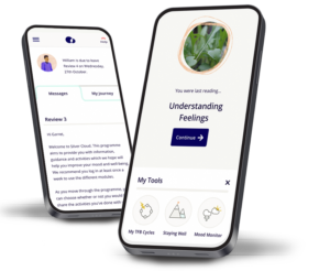 Two phones showing screens from the SilverCloud digital mental heath tool