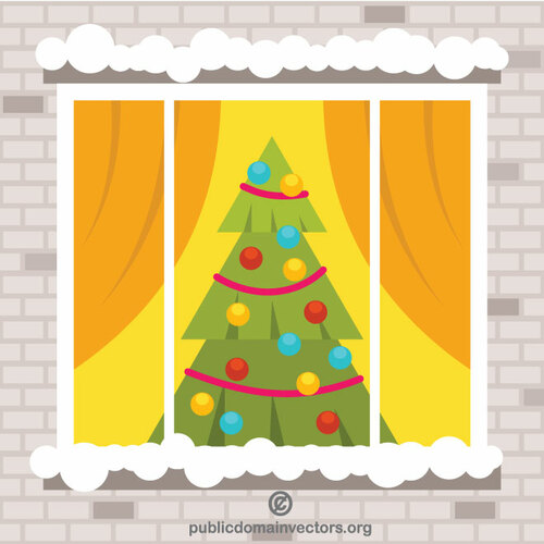 Cartoon Christmas tree viewed through a snowy window