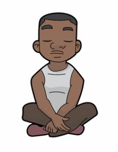 A young man sits peacefully cross-legged and with closed eyes