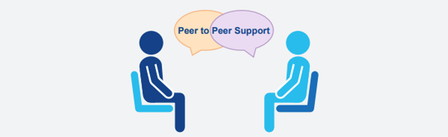Two blue stick people sitting down chatting with P2P logo